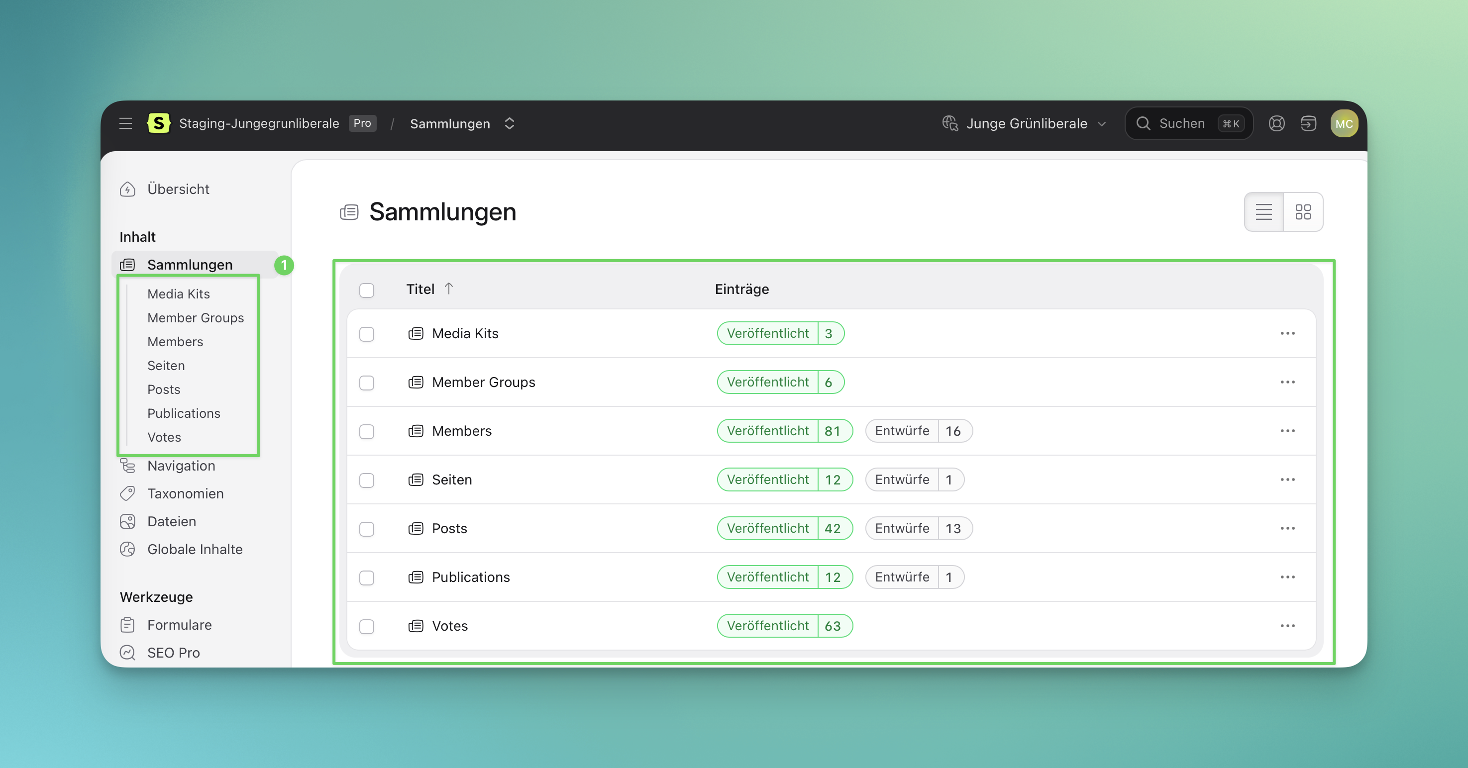 Collections-Liste im Control Panel