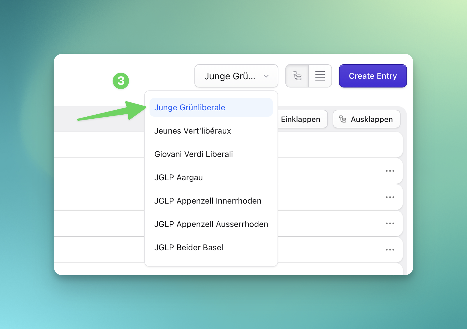 Site switcher with the correct site selected