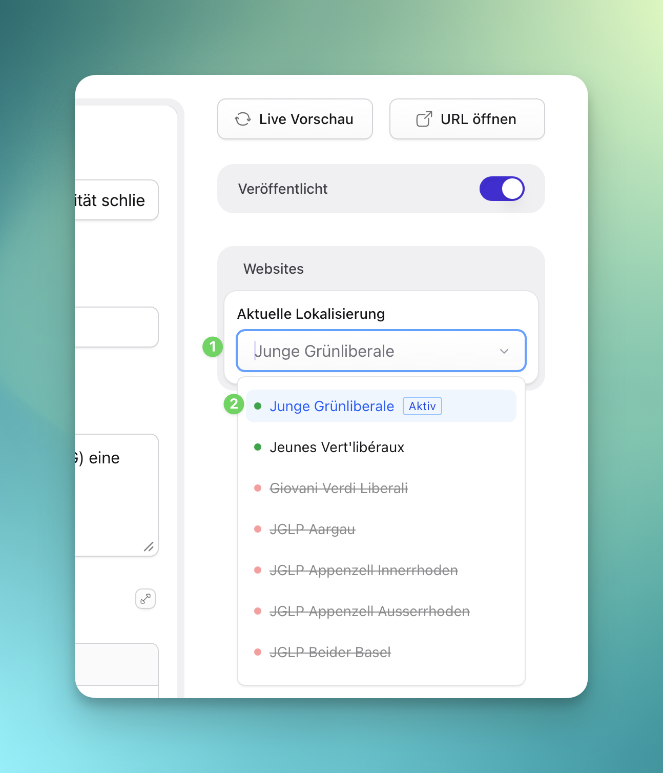 Localized entry showing the site switcher and translation status