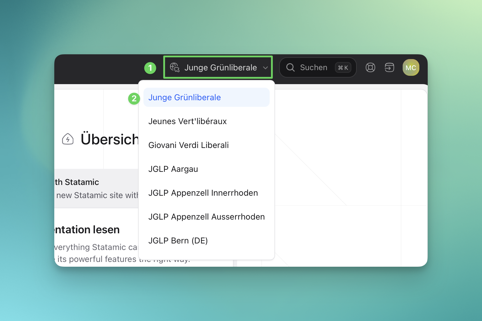 Site-Switcher in der oberen Leiste des Control Panels